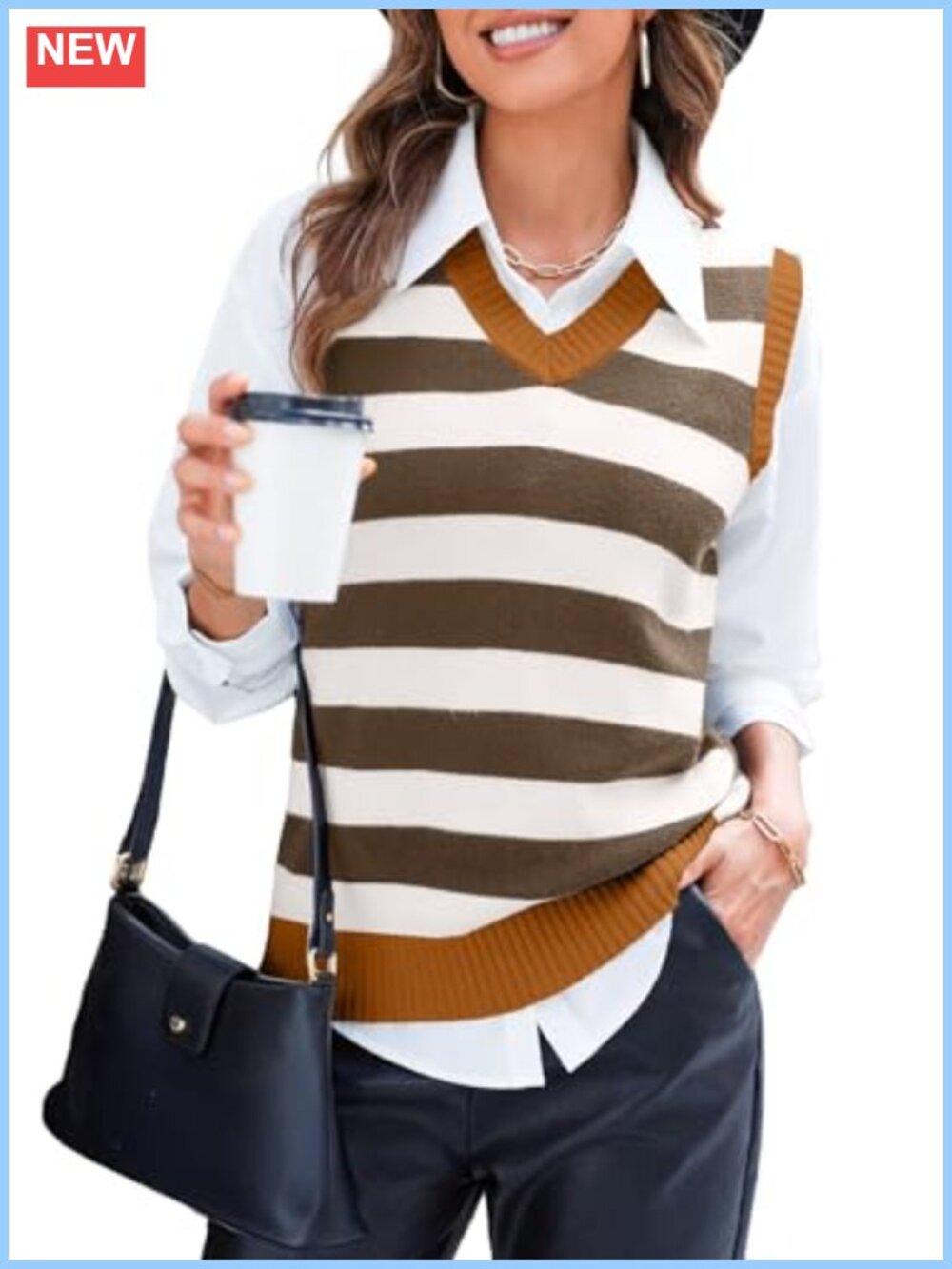 Striped Sleeveless Knit Sweater Vest Loose Fit V-Neck Academia Style